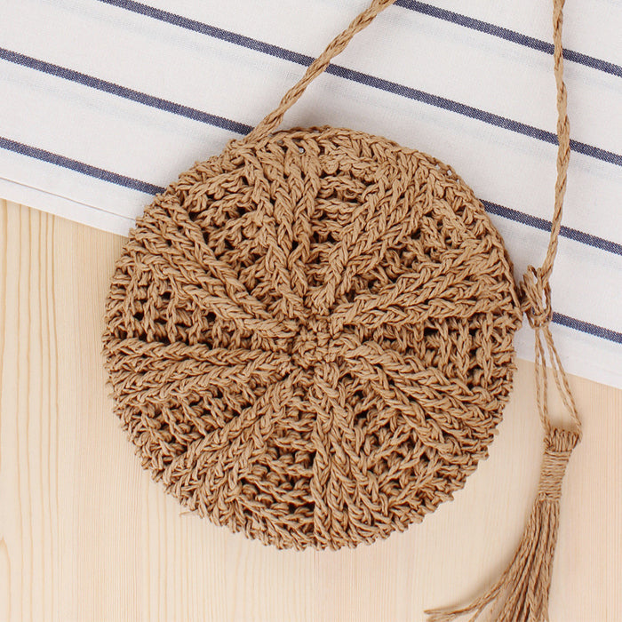 Simple round tassel women's crossbody straw woven bag 🇨🇳