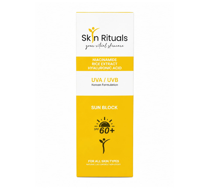 Skin Rituals sun block packaging with yellow and white design