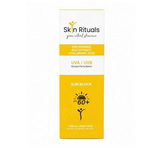 Skin Rituals sun block packaging with yellow and white design