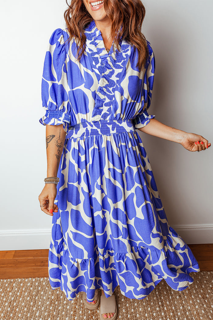 Sky Blue Abstract Print Smocked Waist Puff Half Sleeve Maxi Dress 🇺🇸