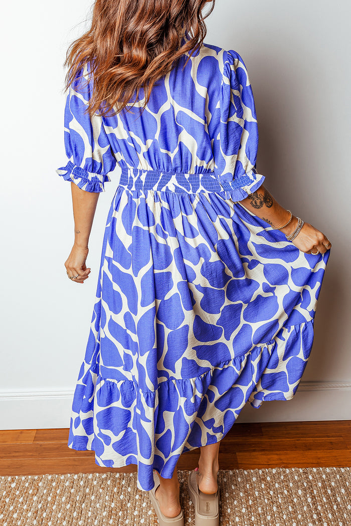 Sky Blue Abstract Print Smocked Waist Puff Half Sleeve Maxi Dress 🇺🇸