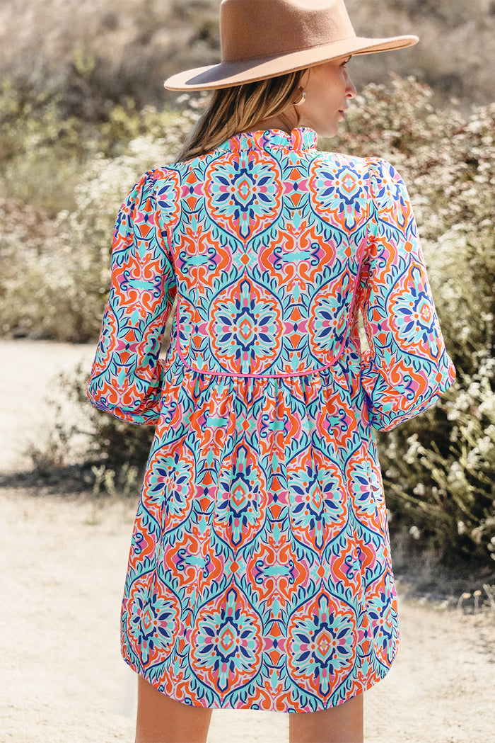 Sky Blue Abstract Printed Long Sleeve Tied Neckline Mini Dress 🇺🇸