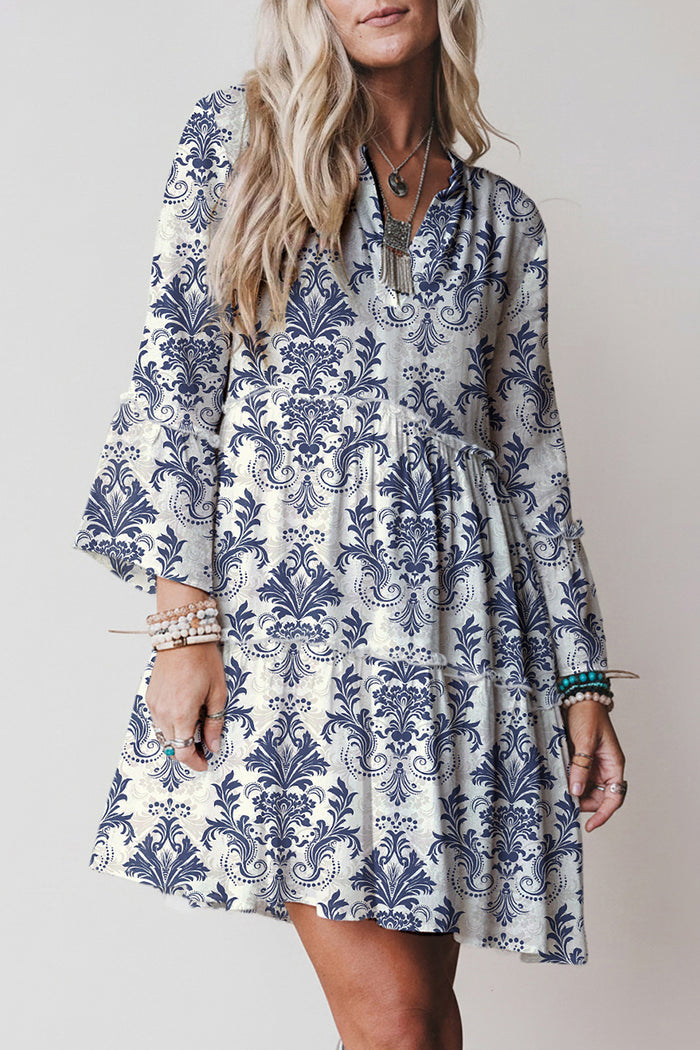 Sky Blue Boho Floral Print Lettuce Trim 3/4 Sleeve Mini Dress 🇺🇸