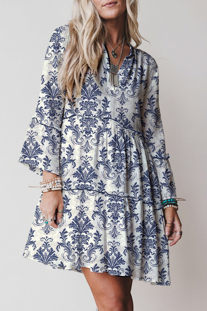 Sky Blue Boho Floral Print Lettuce Trim 3/4 Sleeve Mini Dress 🇺🇸