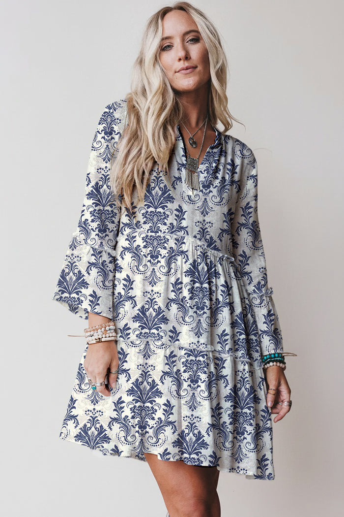 Sky Blue Boho Floral Print Lettuce Trim 3/4 Sleeve Mini Dress 🇺🇸