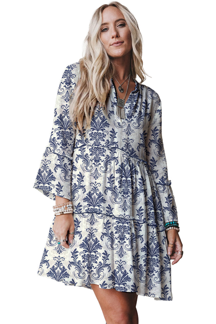 Sky Blue Boho Floral Print Lettuce Trim 3/4 Sleeve Mini Dress 🇺🇸