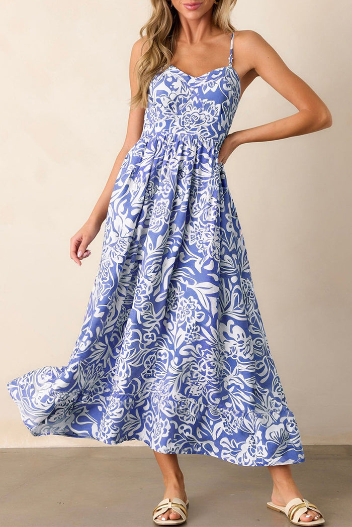 Sky Blue Floral Print Spaghetti Strap High Waist Maxi Dress 🇺🇸