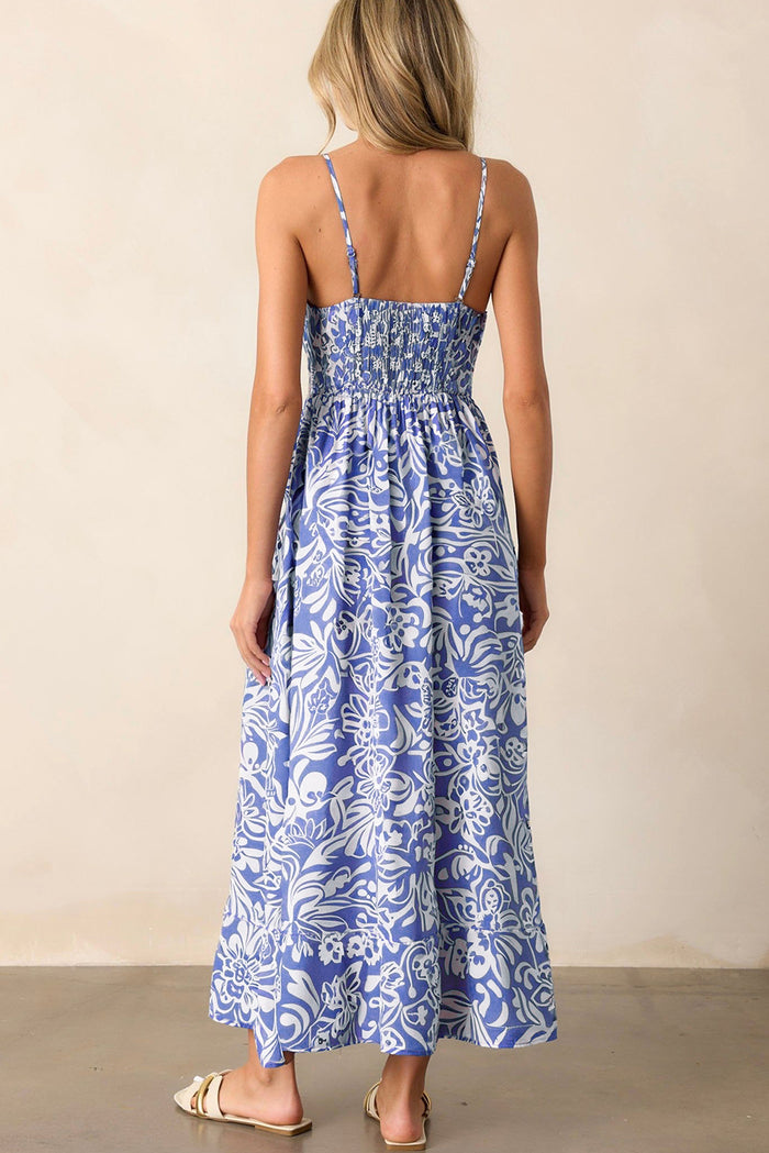 Sky Blue Floral Print Spaghetti Strap High Waist Maxi Dress 🇺🇸