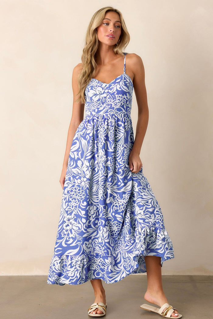 Sky Blue Floral Print Spaghetti Strap High Waist Maxi Dress 🇺🇸
