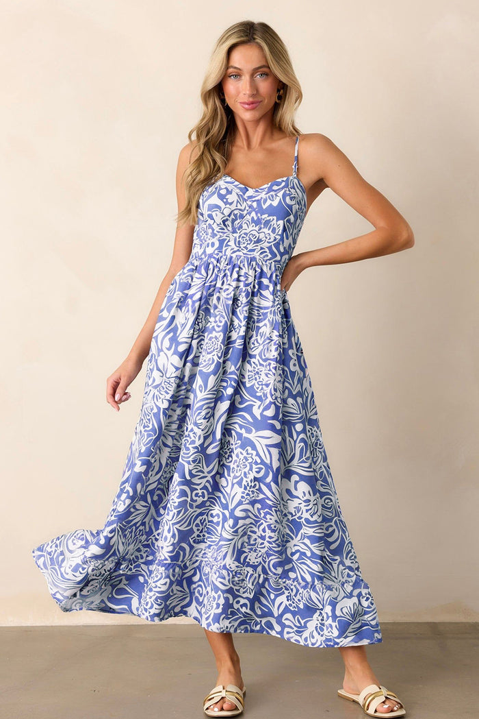 Sky Blue Floral Print Spaghetti Strap High Waist Maxi Dress 🇺🇸