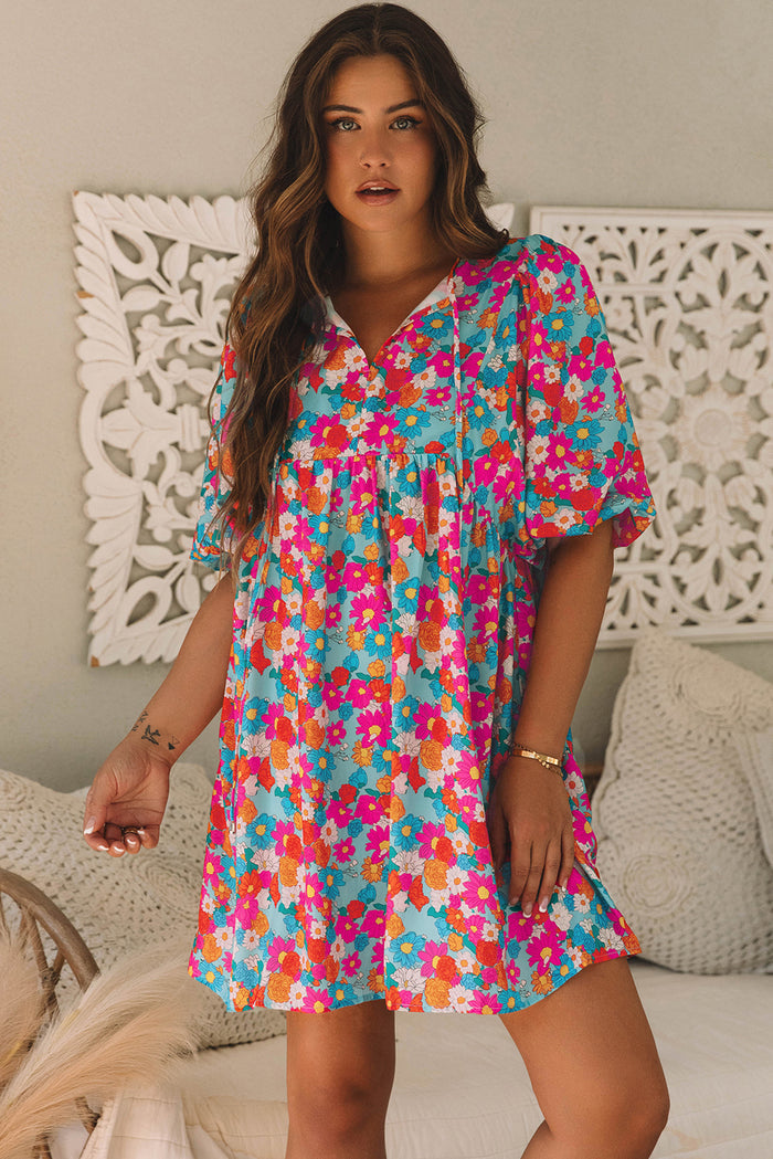 Sky Blue Floral Print Tie Split Neck Bubble Sleeve Babydoll Dress 🇺🇸