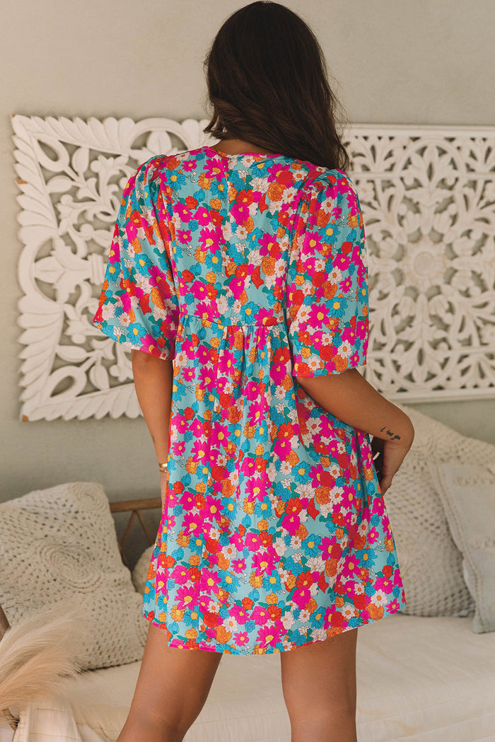 Sky Blue Floral Print Tie Split Neck Bubble Sleeve Babydoll Dress 🇺🇸