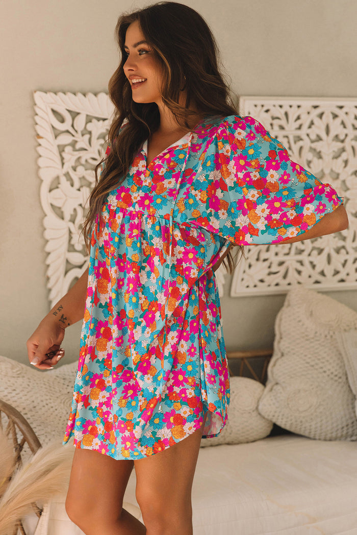 Sky Blue Floral Print Tie Split Neck Bubble Sleeve Babydoll Dress 🇺🇸