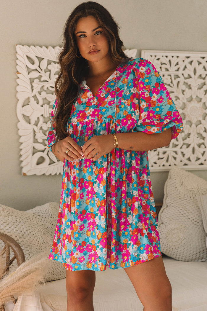 Sky Blue Floral Print Tie Split Neck Bubble Sleeve Babydoll Dress 🇺🇸