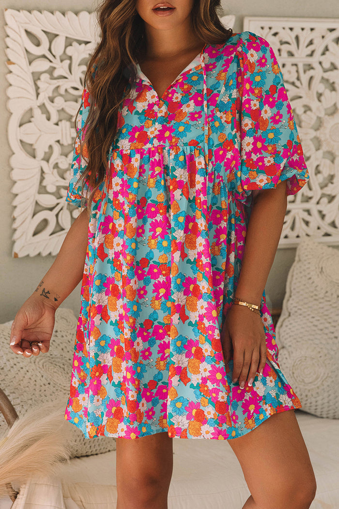 Sky Blue Floral Print Tie Split Neck Bubble Sleeve Babydoll Dress 🇺🇸