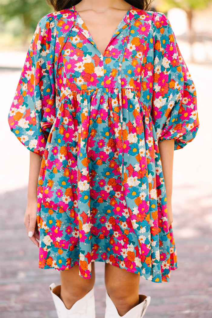 Sky Blue Floral Print Tie Split Neck Bubble Sleeve Babydoll Dress 🇺🇸