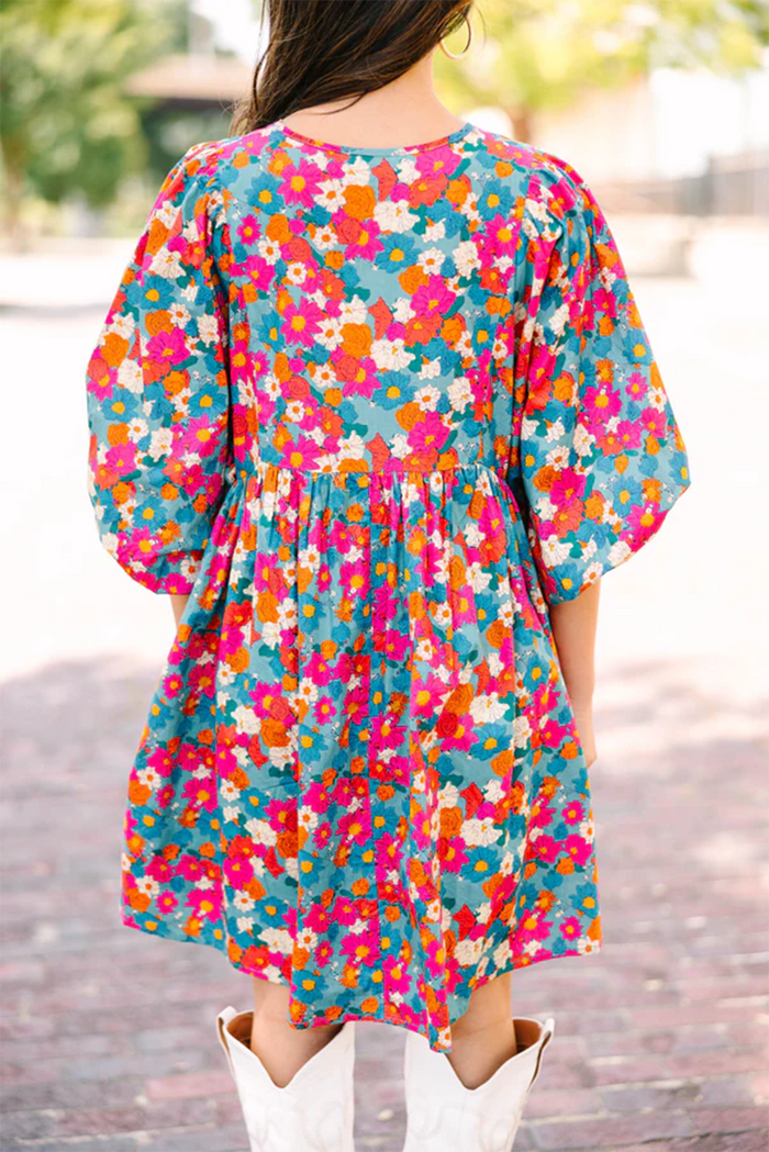 Sky Blue Floral Print Tie Split Neck Bubble Sleeve Babydoll Dress 🇺🇸