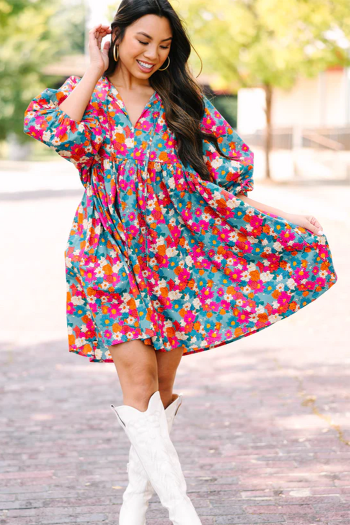 Sky Blue Floral Print Tie Split Neck Bubble Sleeve Babydoll Dress 🇺🇸