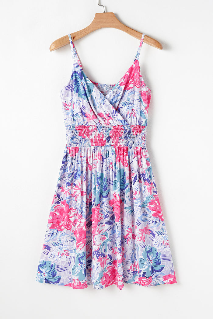 Sky Blue Floral Spaghetti Strap Surplice Neck Shirred Waist Mini Dress 🇺🇸