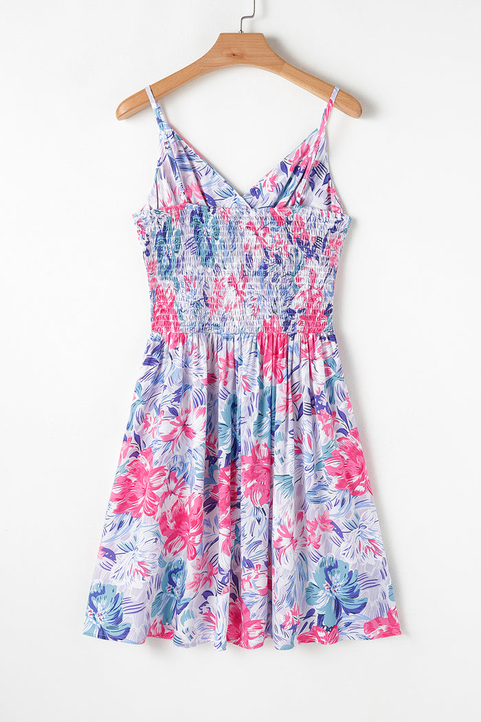 Sky Blue Floral Spaghetti Strap Surplice Neck Shirred Waist Mini Dress 🇺🇸