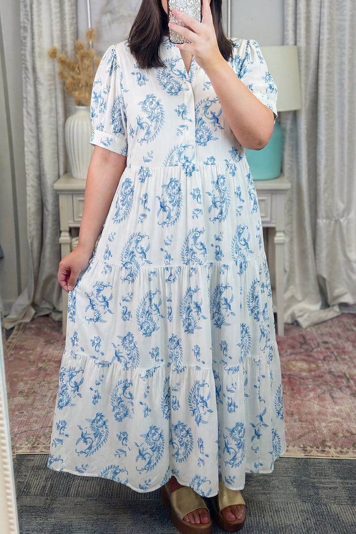 Sky Blue Plus Size Geometric Floral Print Button Split Neck Short Sleeve Maxi Dress 🇺🇸