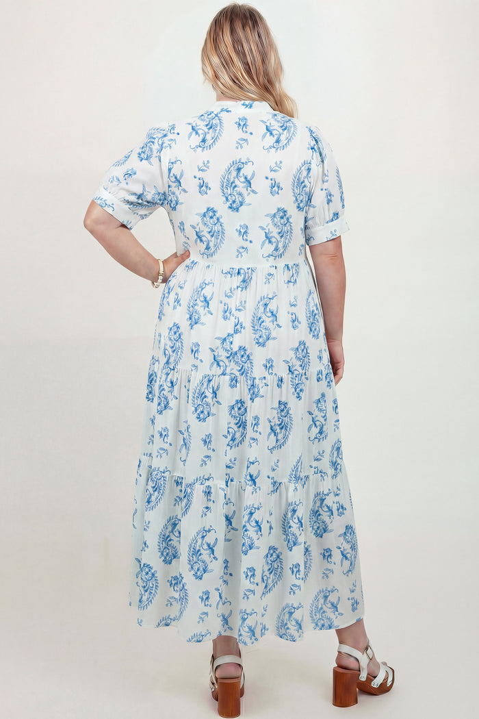 Sky Blue Plus Size Geometric Floral Print Button Split Neck Short Sleeve Maxi Dress 🇺🇸