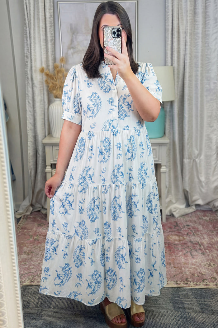 Sky Blue Plus Size Geometric Floral Print Button Split Neck Short Sleeve Maxi Dress 🇺🇸