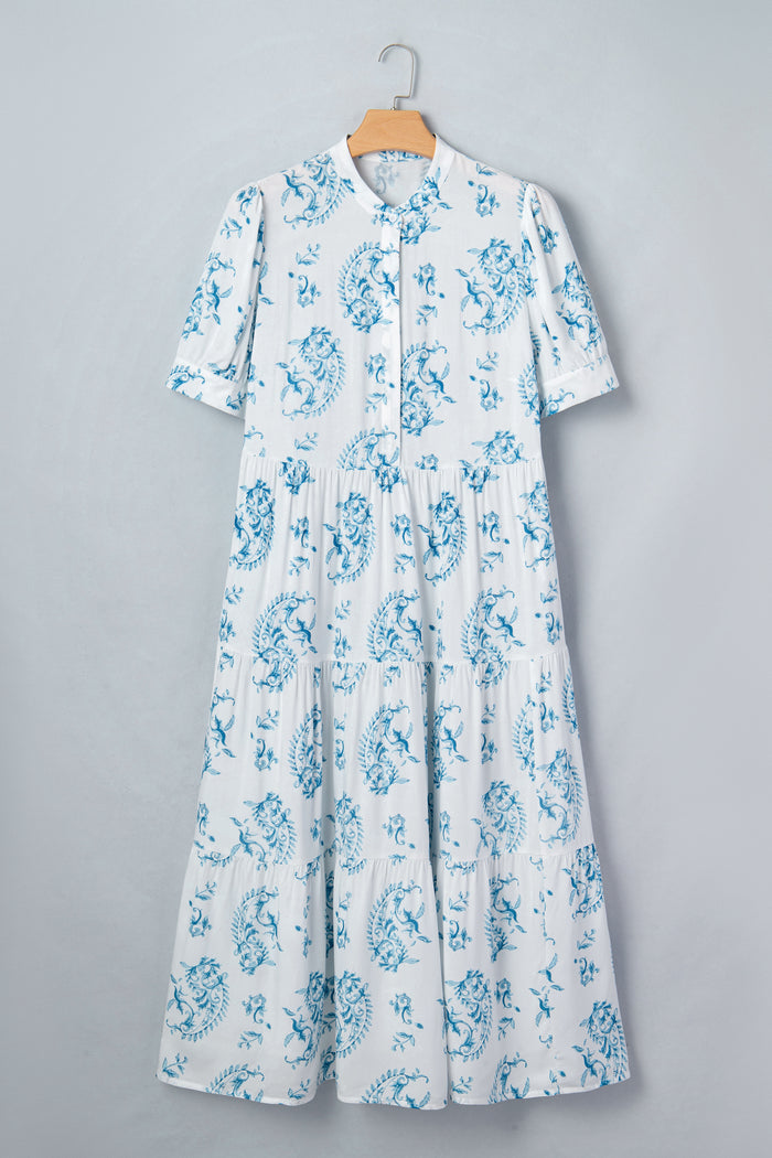 Sky Blue Plus Size Geometric Floral Print Button Split Neck Short Sleeve Maxi Dress 🇺🇸