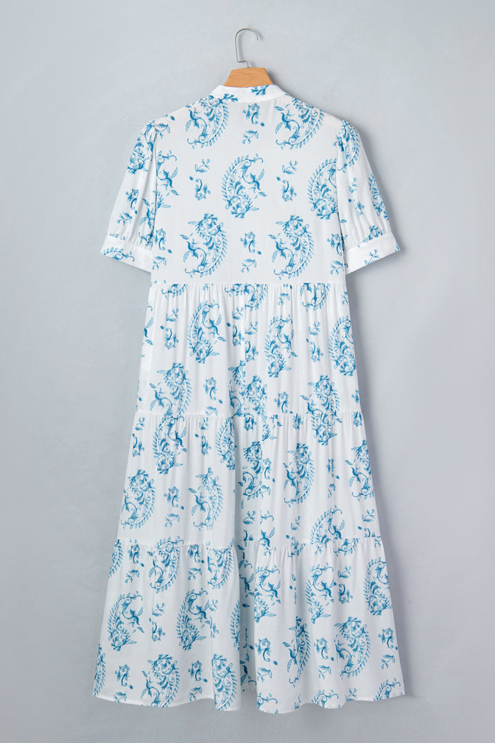 Sky Blue Plus Size Geometric Floral Print Button Split Neck Short Sleeve Maxi Dress 🇺🇸