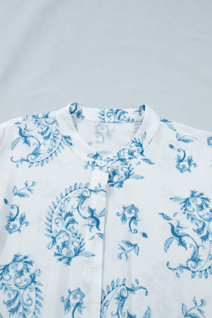 Sky Blue Plus Size Geometric Floral Print Button Split Neck Short Sleeve Maxi Dress 🇺🇸