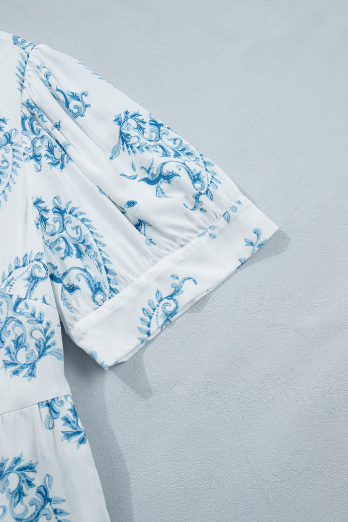 Sky Blue Plus Size Geometric Floral Print Button Split Neck Short Sleeve Maxi Dress 🇺🇸