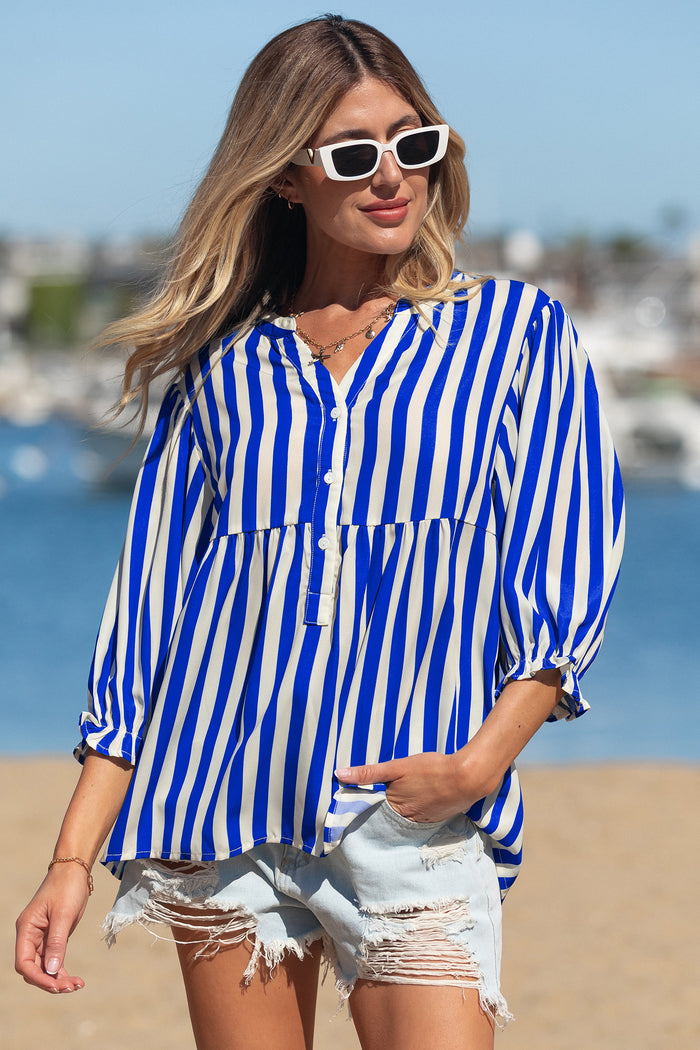 Sky Blue Stripe Balloon Sleeve Loose Button up Shirt 🇺🇸