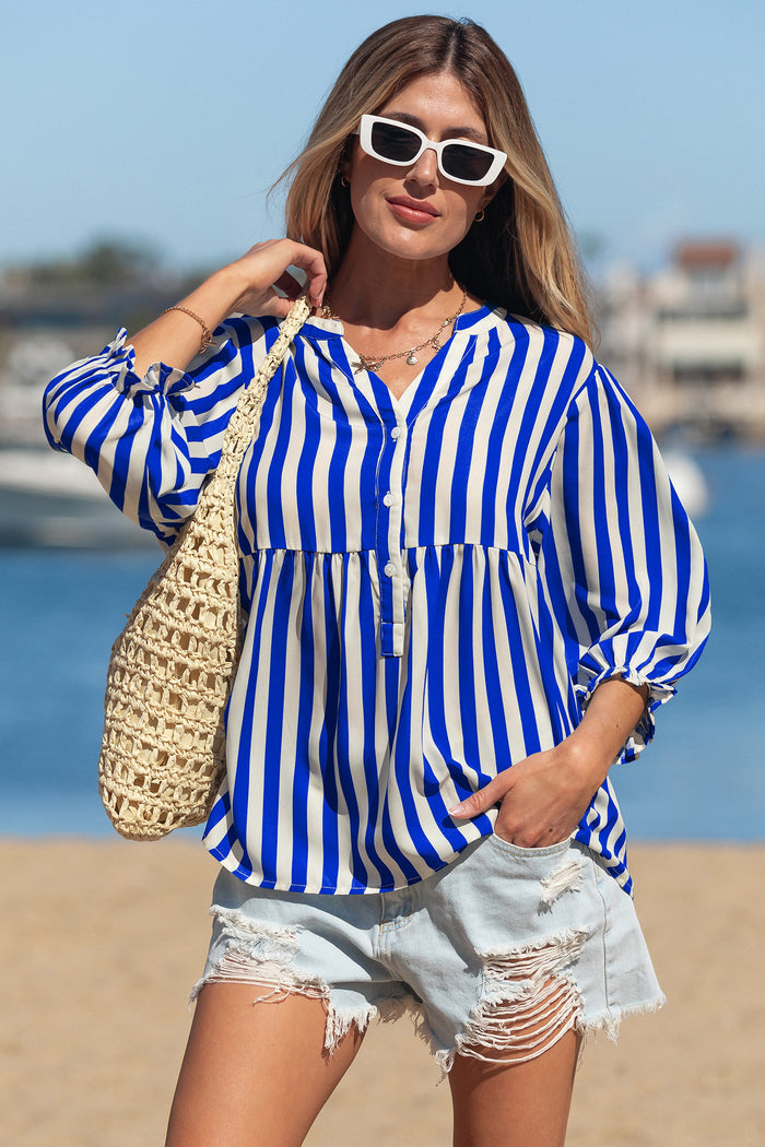 Sky Blue Stripe Balloon Sleeve Loose Button up Shirt 🇺🇸