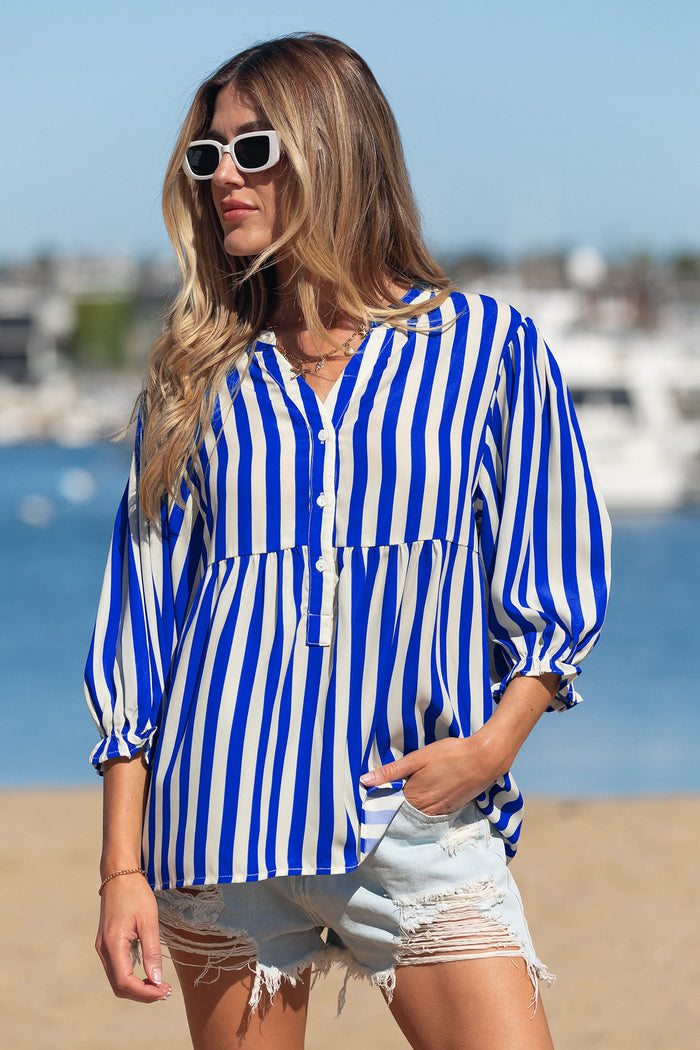 Sky Blue Stripe Balloon Sleeve Loose Button up Shirt 🇺🇸