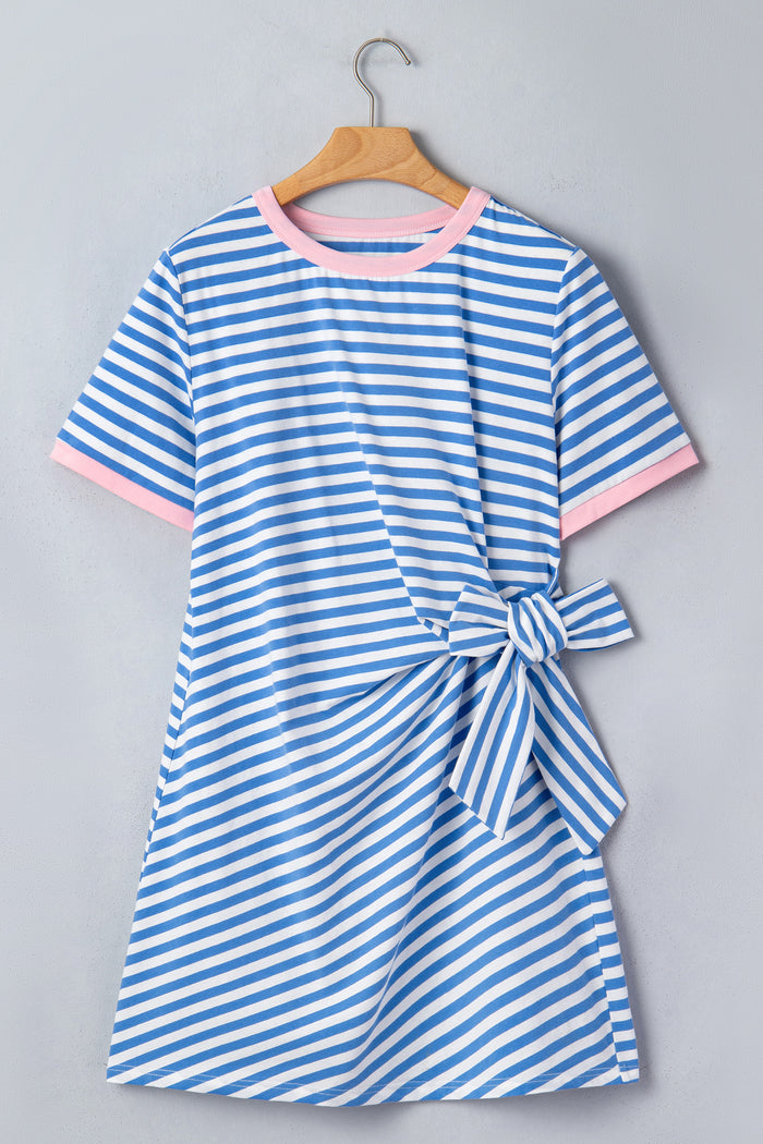 Sky Blue Stripe Nautical Tie Contrast Trim Round Neck T Shirt Mini Dress 🇺🇸