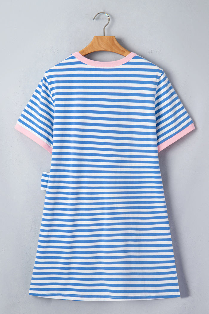 Sky Blue Stripe Nautical Tie Contrast Trim Round Neck T Shirt Mini Dress 🇺🇸
