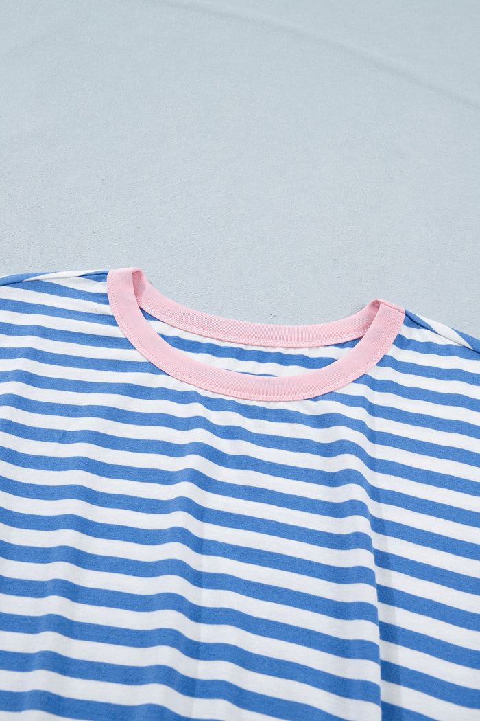 Sky Blue Stripe Nautical Tie Contrast Trim Round Neck T Shirt Mini Dress 🇺🇸