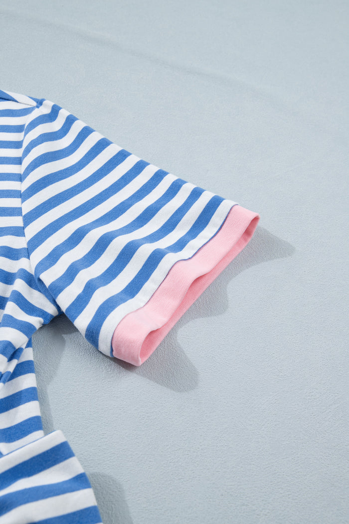 Sky Blue Stripe Nautical Tie Contrast Trim Round Neck T Shirt Mini Dress 🇺🇸