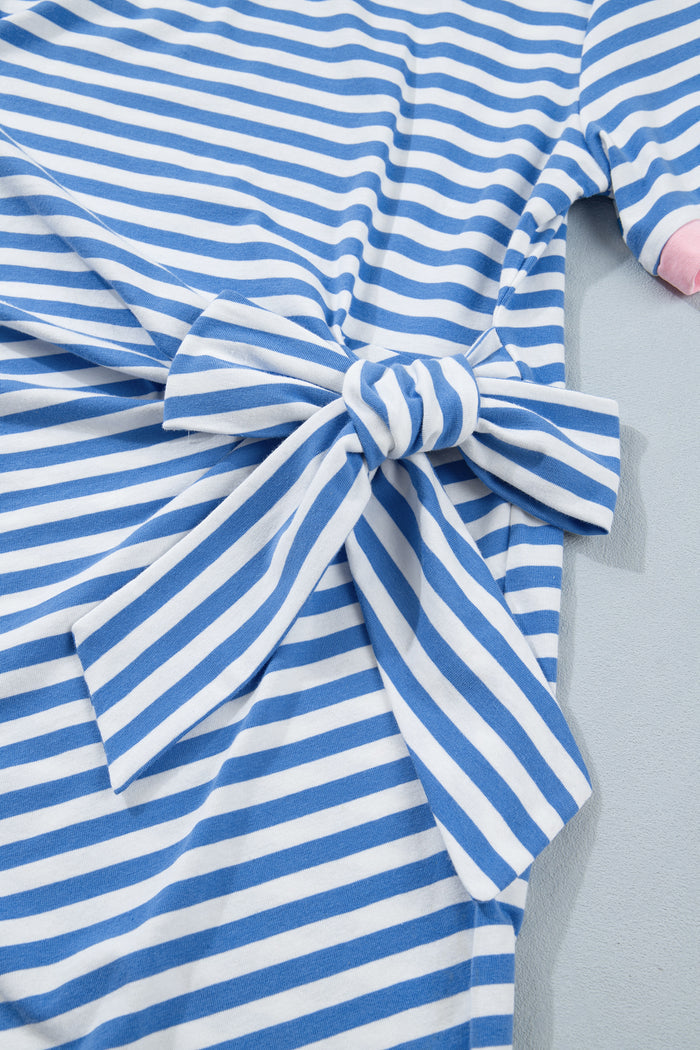 Sky Blue Stripe Nautical Tie Contrast Trim Round Neck T Shirt Mini Dress 🇺🇸