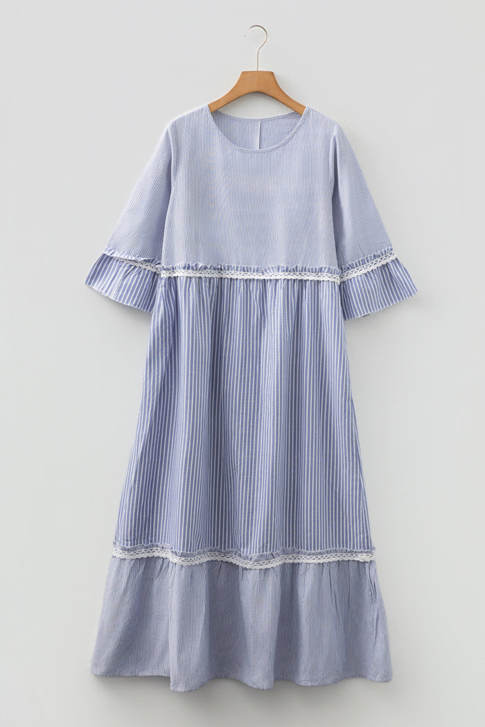 Sky Blue Stripe Patchwork Crossed Lace Detail Bracelet Sleeve Maxi Dress 🇺🇸