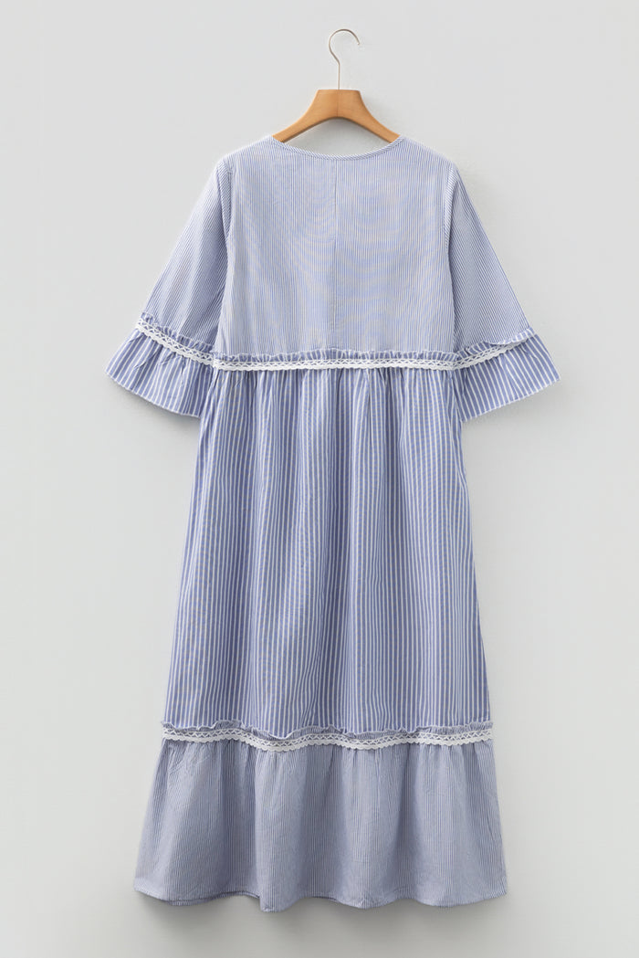 Sky Blue Stripe Patchwork Crossed Lace Detail Bracelet Sleeve Maxi Dress 🇺🇸