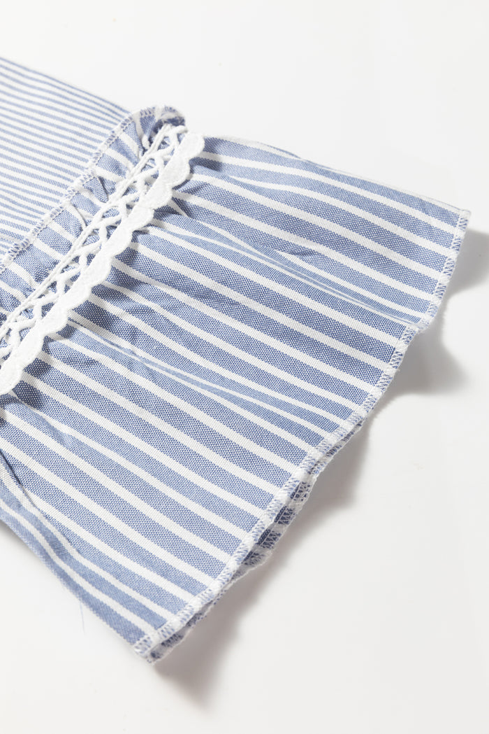 Sky Blue Stripe Patchwork Crossed Lace Detail Bracelet Sleeve Maxi Dress 🇺🇸