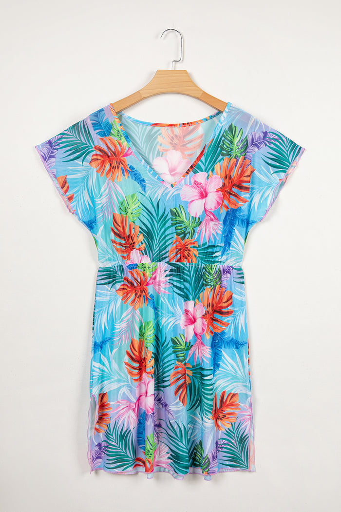 Sky Blue Tropical Print V Neck Semi Sheer Beach Cover Up Dress 🇺🇸