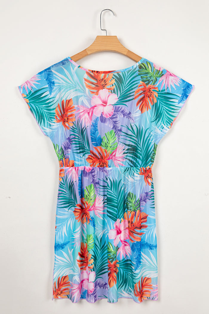 Sky Blue Tropical Print V Neck Semi Sheer Beach Cover Up Dress 🇺🇸