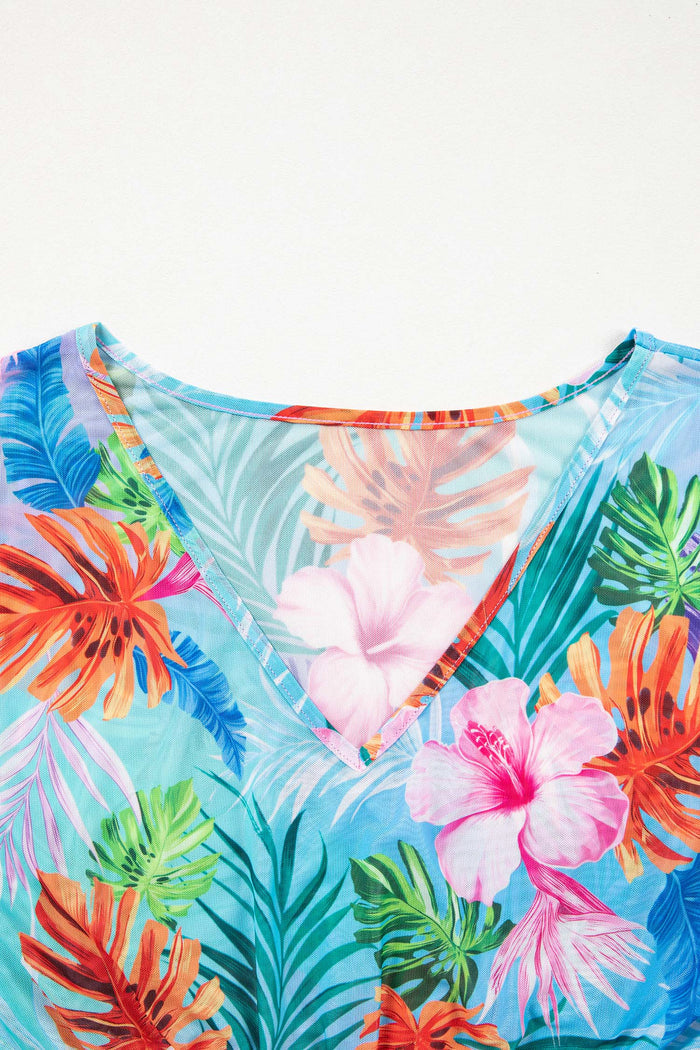 Sky Blue Tropical Print V Neck Semi Sheer Beach Cover Up Dress 🇺🇸