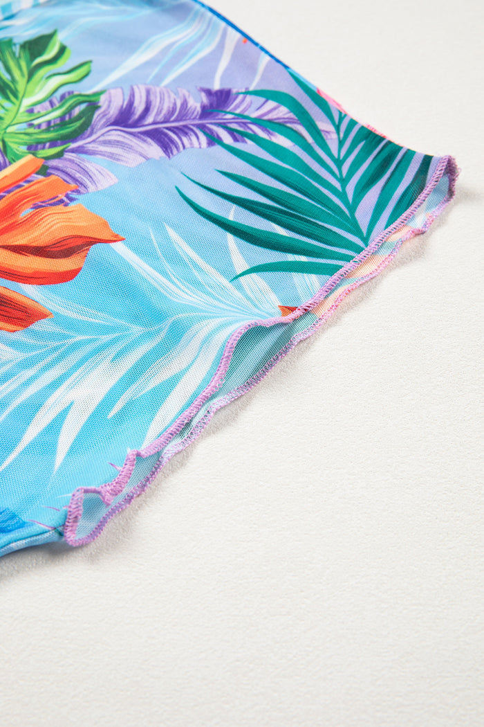 Sky Blue Tropical Print V Neck Semi Sheer Beach Cover Up Dress 🇺🇸
