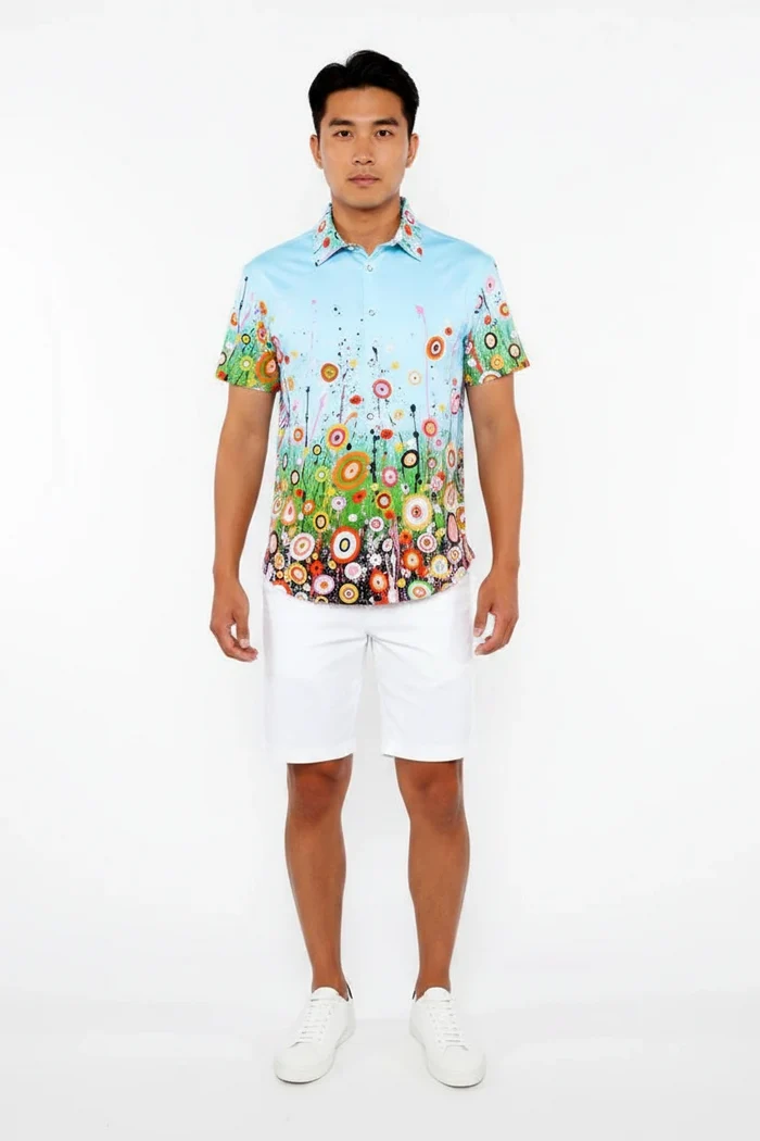 Sky/Multi Circle Bursts Border Print Cotton Jersey Knit Short Sleeve Shirt St-9342