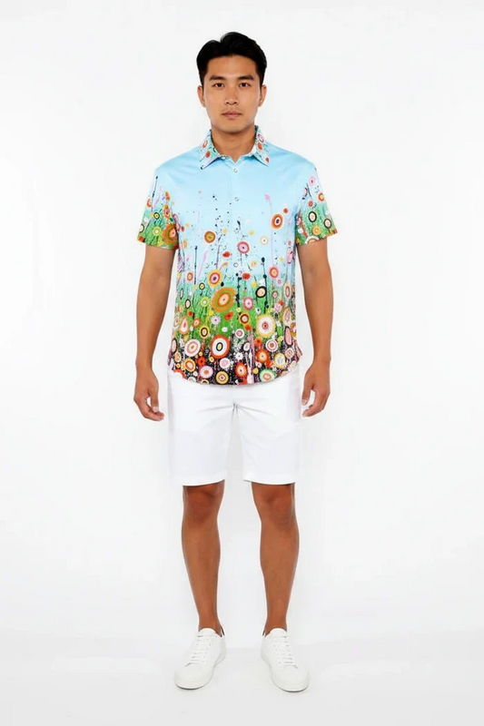 Sky/Multi Circle Bursts Border Print Cotton Jersey Knit Short Sleeve Shirt St-9342
