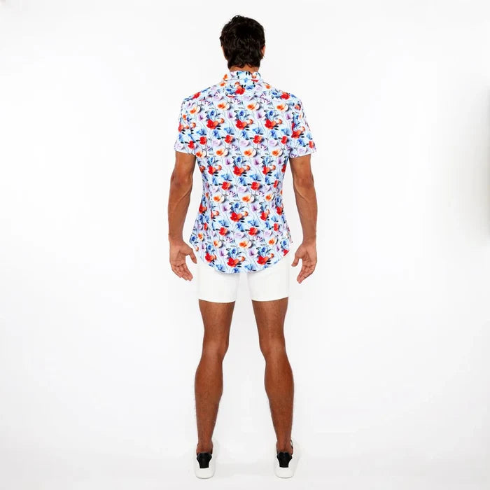 Sky/Multi Floral 3D Print Cotton Jersey Knit Short Sleeve Shirt W/Contrast Stripe Placket St-9327