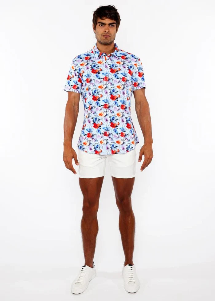 Sky/Multi Floral 3D Print Cotton Jersey Knit Short Sleeve Shirt W/Contrast Stripe Placket St-9327